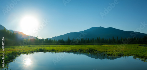 Mountains rural pond Panorama view of the scenery In the evening when the sun shines