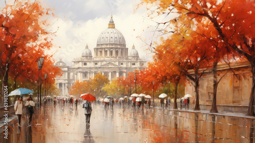 oil painting on canvas, street view of Vatican. Artwork. Big ben. man and woman under a umbrella. Tree. Italy (ai generated)