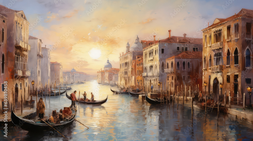 An oil painting of Venetian architecture and water canal in Venice at sunset, Italy. (ai generated)