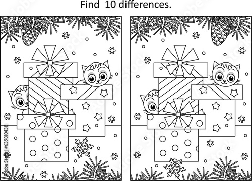 Winter holidays, New Year or Christmas joy difference game with three gift  boxes and two kittens
