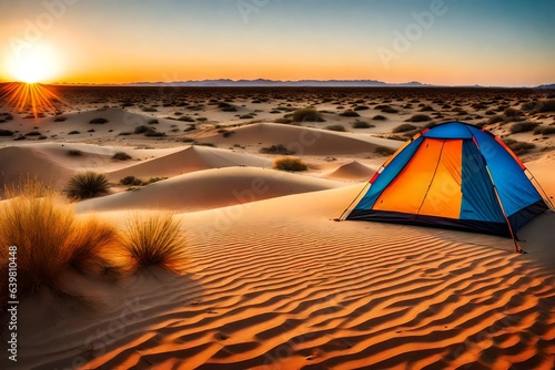 a colorful tent standing amidst the sand dunes of a desert, with vibrant sunset colors painting the horizon © Be Naturally