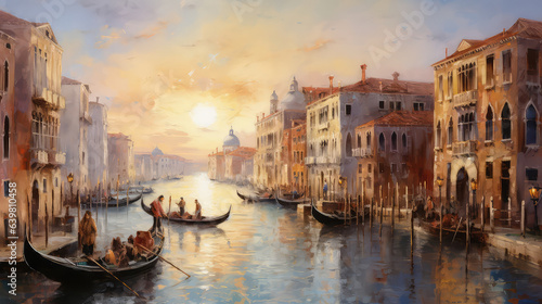 An oil painting of Venetian architecture and water canal in Venice at sunset  Italy.  ai generated 