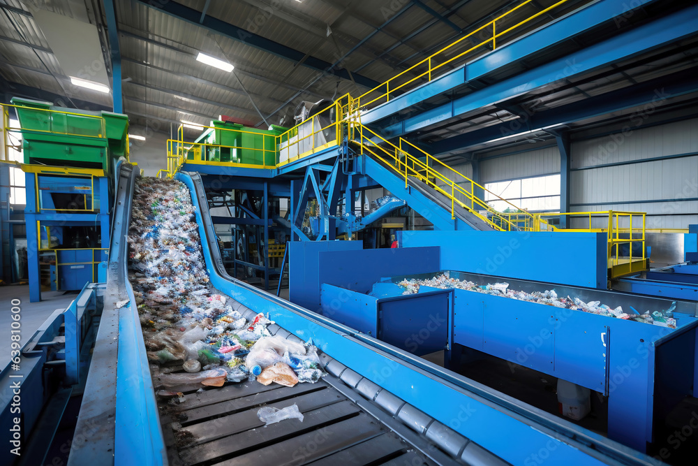 Fototapeta premium Waste sorting plant. Many different conveyors and bins. conveyors filled with various household waste. Waste disposal and recycling. Waste processing plant.