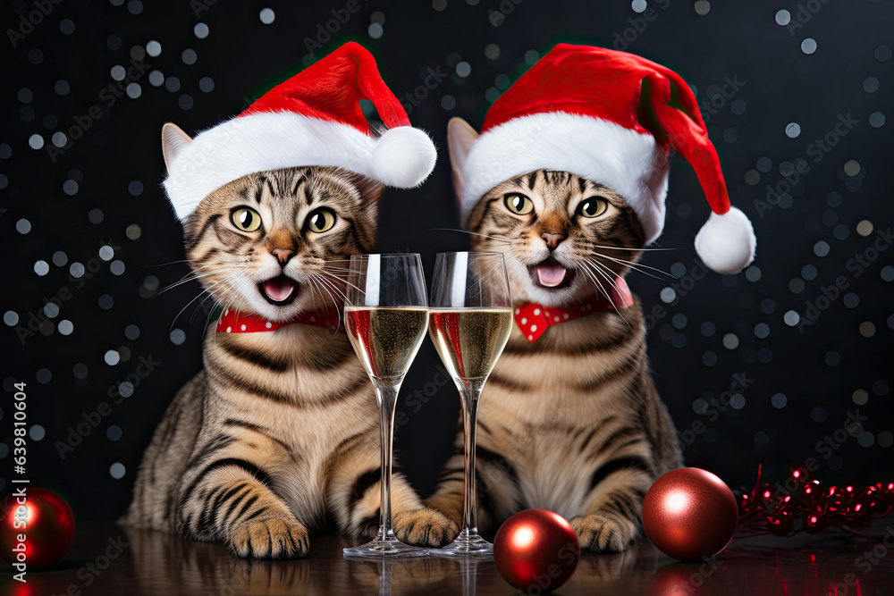 Funny cats wearing Santa Claus hats and celebrating Christmas with champagne Funny cats wearing Santa Claus hats and celebrating Christmas with champagne