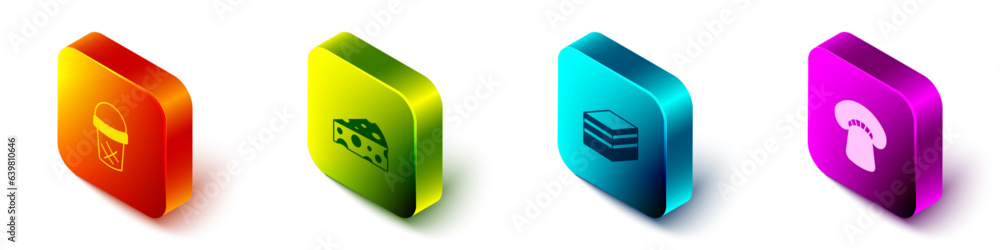 Set Isometric Ice cream in waffle, Cheese, Piece of cake and Mushroom icon. Vector Set Isometric Ice cream in waffle, Cheese, Piece of cake and Mushroom icon. Vector