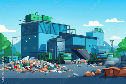 Waste sorting plant. Stylized illustration. conveyors filled with various household waste. Waste disposal and recycling. Waste processing plant.