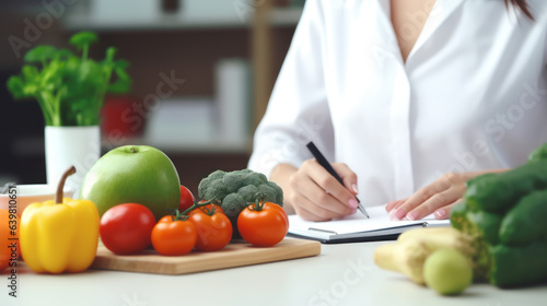 Nutritionism. Women choosing healthy food options, fresh vegetable and fruit on desk, nutrition, diet plan, nutrition, food science, preparing a grocery list, Generative AI photo