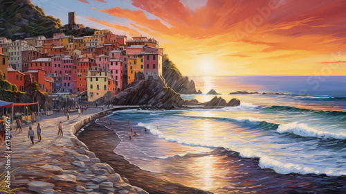 oil painting on canvas, sea view of Cinque Terre. Artwork. Big ben. man and woman on the beach as sunset. Tree. Italy (ai generated)