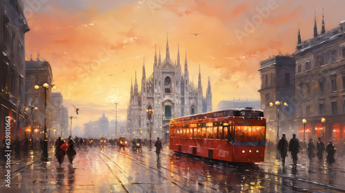 oil painting on canvas, street view of Milan. Artwork Milano. Big ben. man and woman on street, bus and road. Tree. Italy (ai generated)