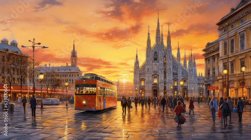 oil painting on canvas, street view of Milan. Artwork Milano. Big ben. man and woman on street, bus and road. Tree. Italy (ai generated) © ImagineDesign