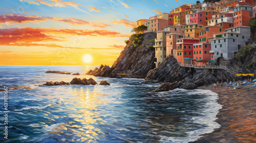 oil painting on canvas, sea view of Cinque Terre. Artwork. Big ben. man and woman on the beach as sunset. Tree. Italy (ai generated)
