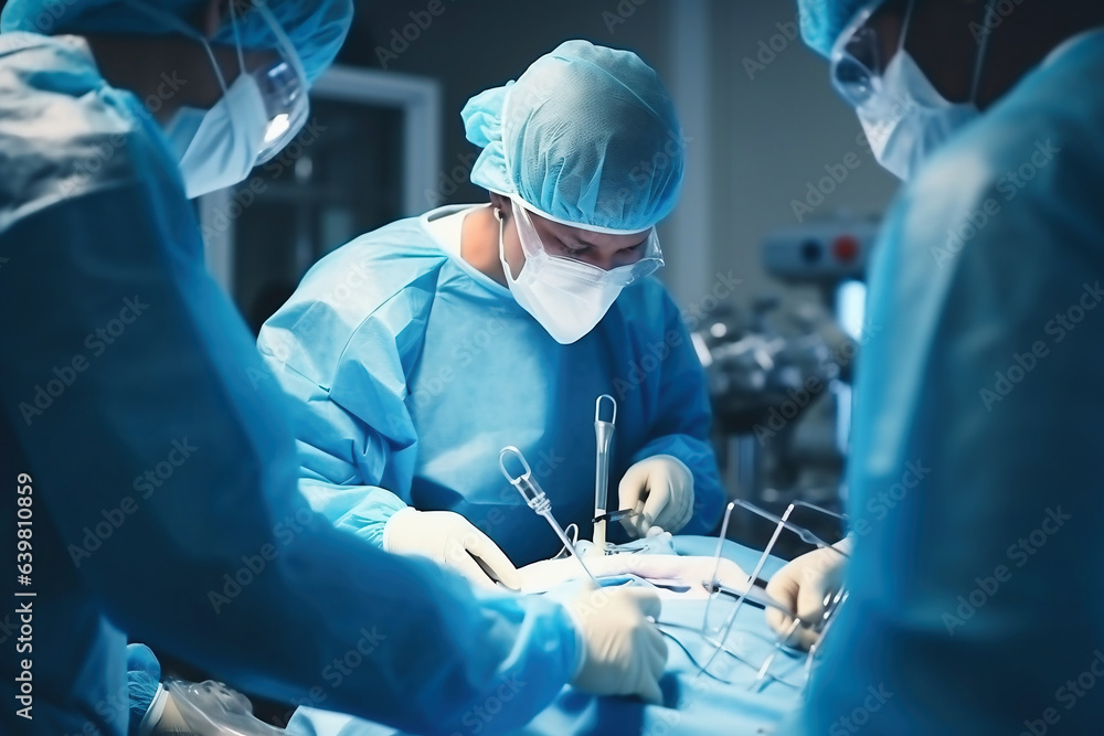 Photo of surgeons performing a complex surgery in a modern operating room. A group of surgeons performing surgery on a patient. Photo of surgeons performing a complex surgery in a modern operating room. A group of surgeons performing surgery on a patient.