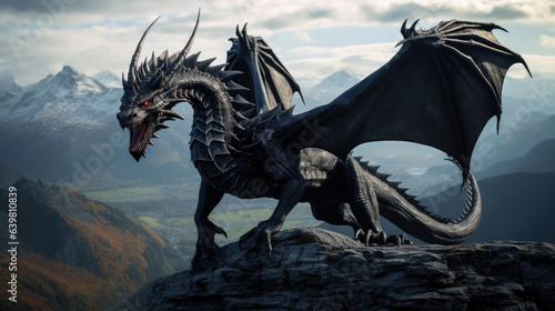 Photo realistic, beautiful majestic black dragon, opulent, mountain background