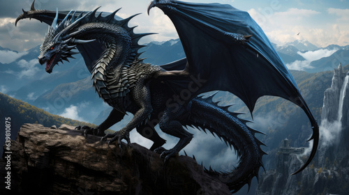 Photo realistic, beautiful majestic black dragon, opulent, mountain background