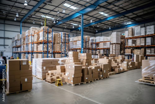 A huge warehouse filled with neatly stacked boxes. Interior of a modern warehouse. Large space for storing and moving goods. logistics. Trade in the modern world. © Anoo