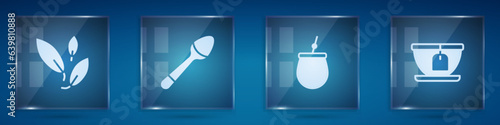 Set Tea leaf, Teaspoon, Mate tea and Cup with bag. Square glass panels. Vector