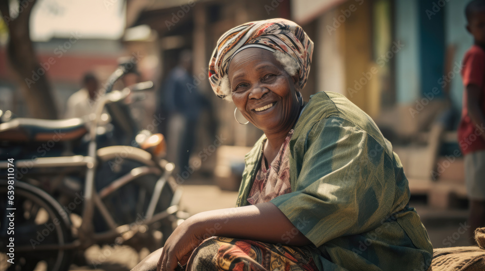 Portrait of an old lady sitting on a good in an African street