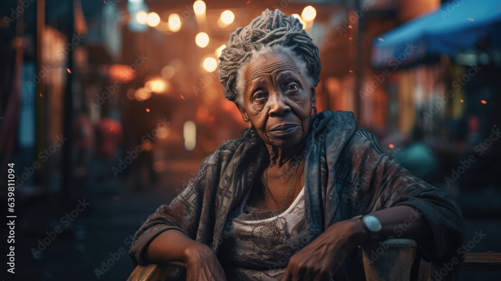 Portrait of an old lady sitting on a good in an African street