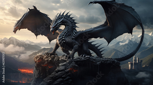 Photo realistic, beautiful majestic black dragon, opulent, mountain background © Sasint