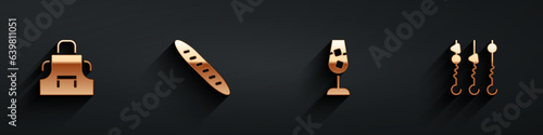 Set Kitchen apron, French baguette bread, Wine glass and Grilled shish kebab skewer icon with long shadow. Vector