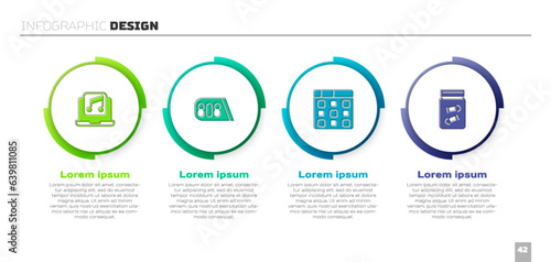 Set Laptop with music, Drum machine, and Evidence bag bullet. Business infographic template. Vector