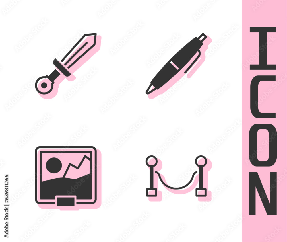 Set Rope barrier, Medieval sword, Picture and Pen icon. Vector Set Rope barrier, Medieval sword, Picture and Pen icon. Vector