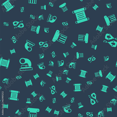Set Ancient column, Papyrus scroll, Old gramophone and Earrings on seamless pattern. Vector