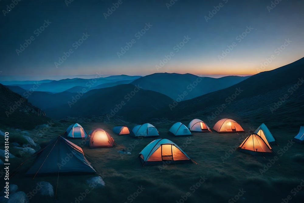 Craft an image of tents pitched on a mountainside, as the first light of dawn paints the sky with soft hues, and campers emerge from their tents
