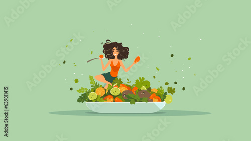 vector illustration, flat design, Young woman eating a healthy salad after workout. Fitness and healthy lifestyle concept. Concept of heatly food, preventive healthcare