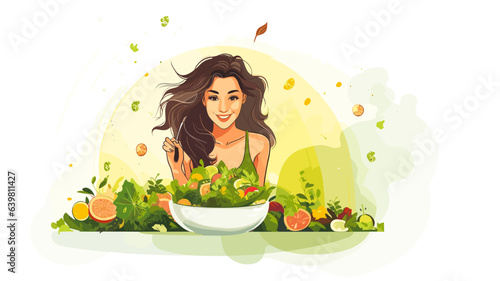 vector illustration, flat design, Young woman eating a healthy salad after workout. Fitness and healthy lifestyle concept. Concept of heatly food, preventive healthcare