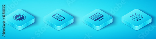 Set Isometric NFT Digital crypto art, Mobile with store app, Cyber security and Binary code icon. Vector