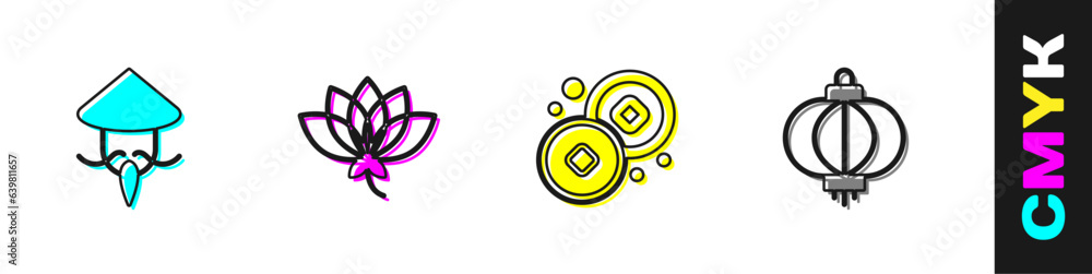 Set Asian or Chinese conical straw hat, Lotus flower, Yuan currency and paper lantern icon. Vector Set Asian or Chinese conical straw hat, Lotus flower, Yuan currency and paper lantern icon. Vector