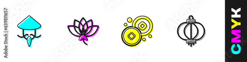 Set Asian or Chinese conical straw hat, Lotus flower, Yuan currency and paper lantern icon. Vector
