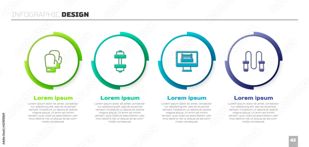 Fototapeta premium Set Boxing glove, Dumbbell, ring and Jump rope. Business infographic template. Vector