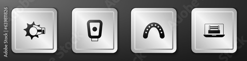 Set Punch in boxing glove, Boxing training paws, Mouth guard boxer and ring icon. Silver square button. Vector
