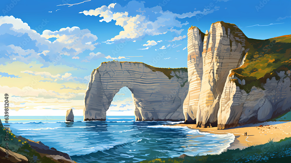 Panoramic view of the beach of Etretat in Normandy, France