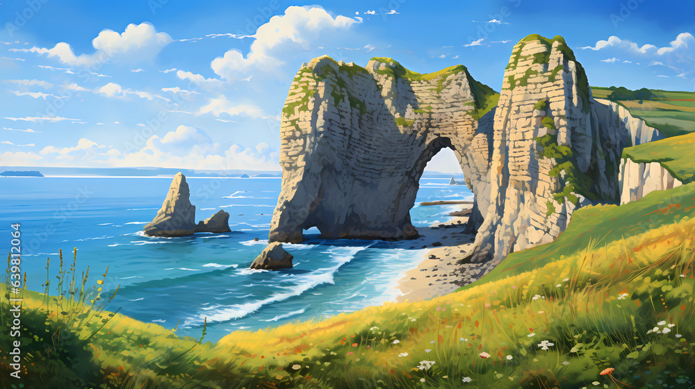 Panoramic view of the beach of Etretat in Normandy, France