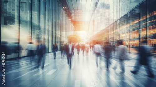 Business center concept, Cinematic color tone, business people crowd walking at corporate office in city downtown, Abstract motion blur image, blurred background, Generative AI