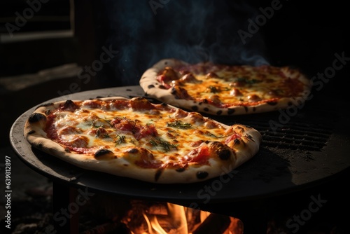 Two pizzas cook on a grill with a fire in the background. The pizzas have golden brown crust, melted cheese, and tomato sauce.