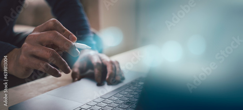 DevOps concept, software development, IT operations, agile programming, Concept with dev ops icon on computer screen and project manager, coder or sysadmin typing on keyboard, high software quality