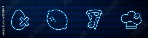 Set line Vegan pizza slice, No egg, Lemon and food diet. Glowing neon icon on brick wall. Vector