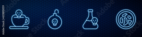 Set line Beaker with toxic liquid, Coffee cup skull, Nuclear bomb and Petri dish bacteria. Glowing neon icon on brick wall. Vector