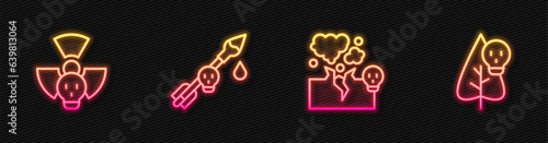 Set line Poisonous cloud of gas or smoke, Radioactive, the arrow and flower. Glowing neon icon. Vector