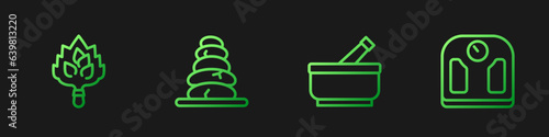 Set line Mortar and pestle, Sauna broom, Stack hot stones and Bathroom scales. Gradient color icons. Vector