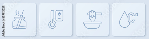 Set line Aroma diffuser, Honey dipper stick with bowl, Sauna thermometer and Water temperature. White square button. Vector