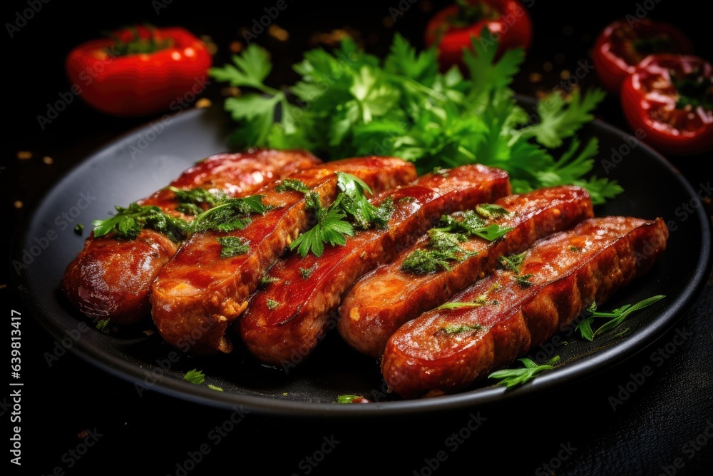 Grilled sausages with tomatoes and parsley, on a plate. Grilled sausages with tomatoes and parsley, on a plate.