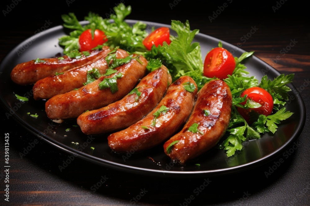 Grilled sausages with tomatoes and parsley, on a plate.