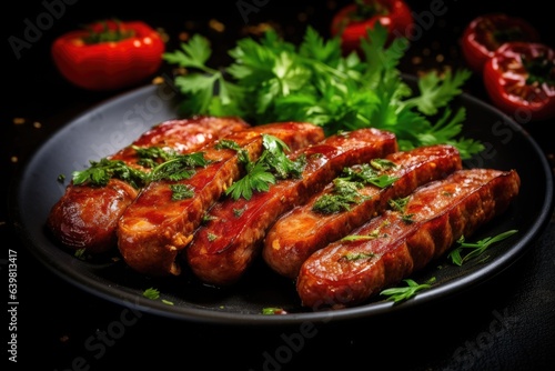 Grilled sausages with tomatoes and parsley, on a plate.