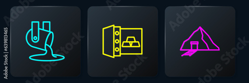 Set line Molten gold being poured, Gold mine and Safe with bars. Black square button. Vector