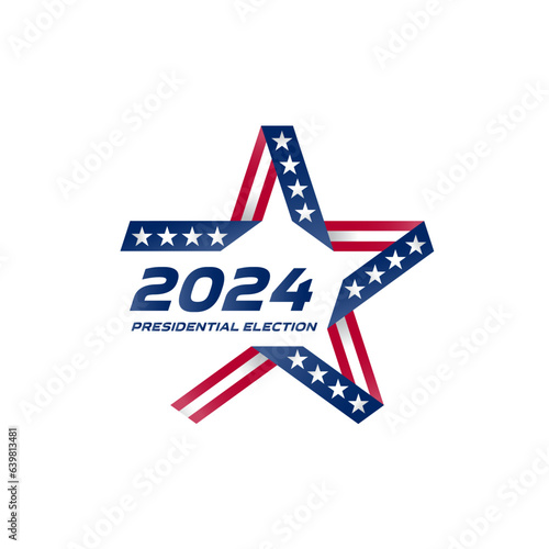Stylized star with american flag colors and symbols. Presidential election 2024 in USA. Election voting poster. Start of Political election campaign.